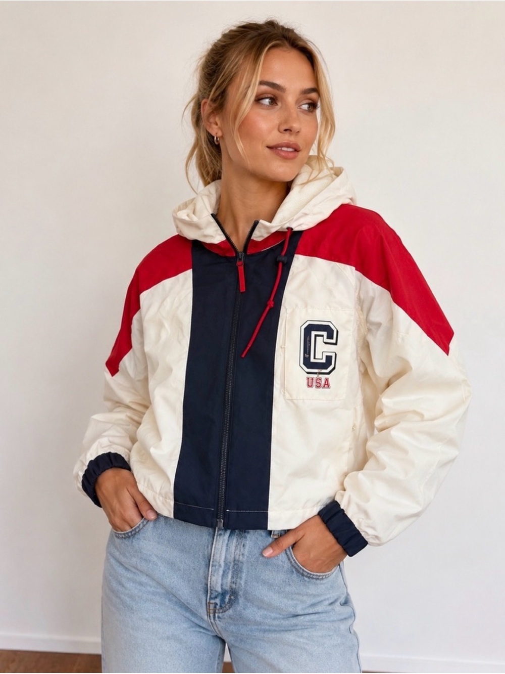 Champion Red, Navy & Cream Colorblock Bomber Jacket with hood